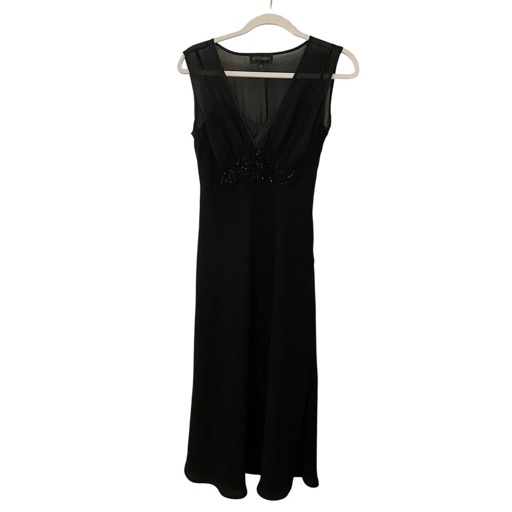 Studio I Black Beaded‎ Formal Dress Sheer Mesh Evening Gown Women's 6